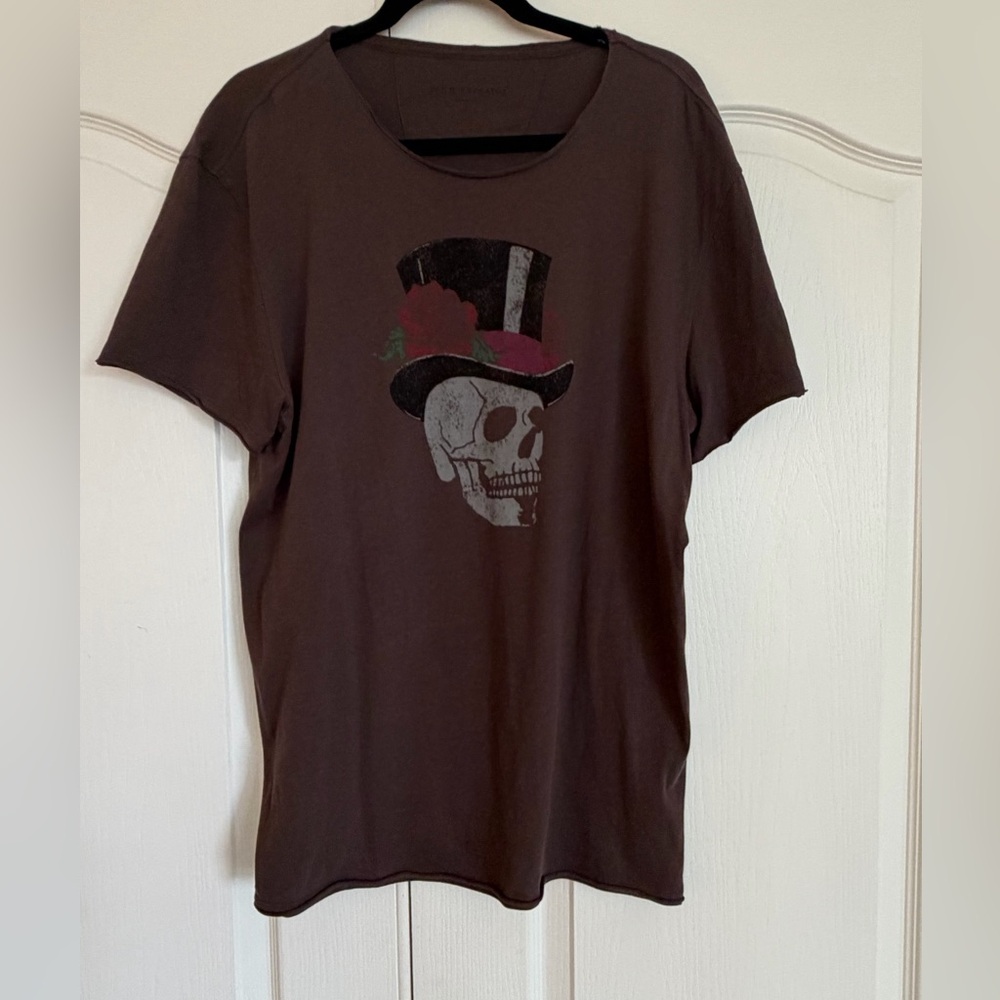John Varvatos Brown Graphic Skull Tee with Top Hat Accent